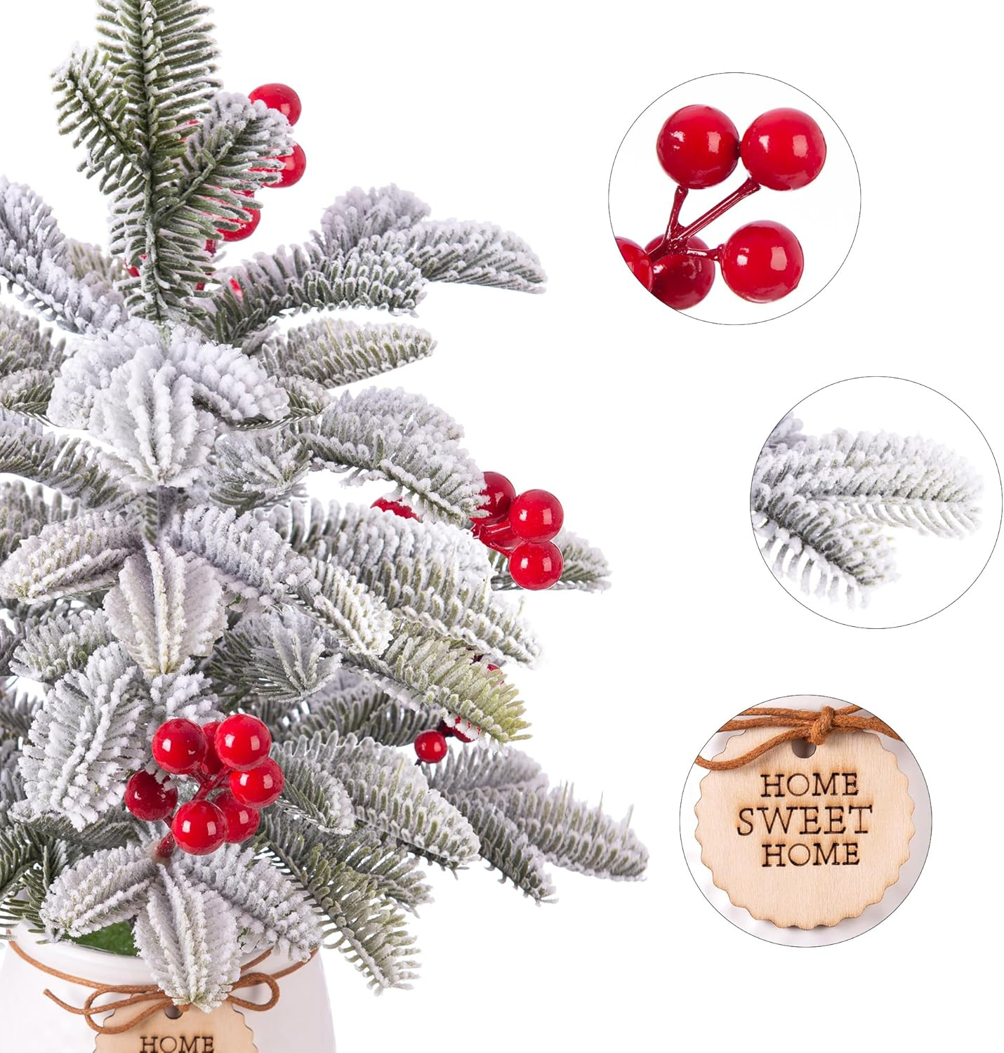 13 Inch Artificial White Christmas Tree with Lights Winter Indoor Tabletop Decor,Prelit Small Xmas Pine Tree and Realistic Berries Stems for Home Centerpiece Mantel Decor(White Basin) image number 1