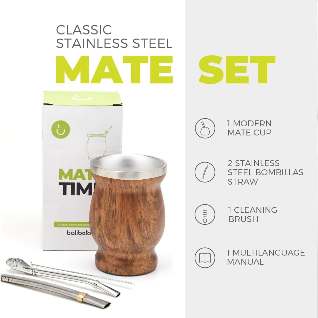 BALIBETOV Mate Cup and Bombilla Set - Yerba Mate Set Includes One Yerba Mate Cup, Two Bombilla Mate (Straw) and Brush - Stainless Steel Double-Wall | Easy to Clean Yerba Mate Gourd (Wood) - Black image number 2