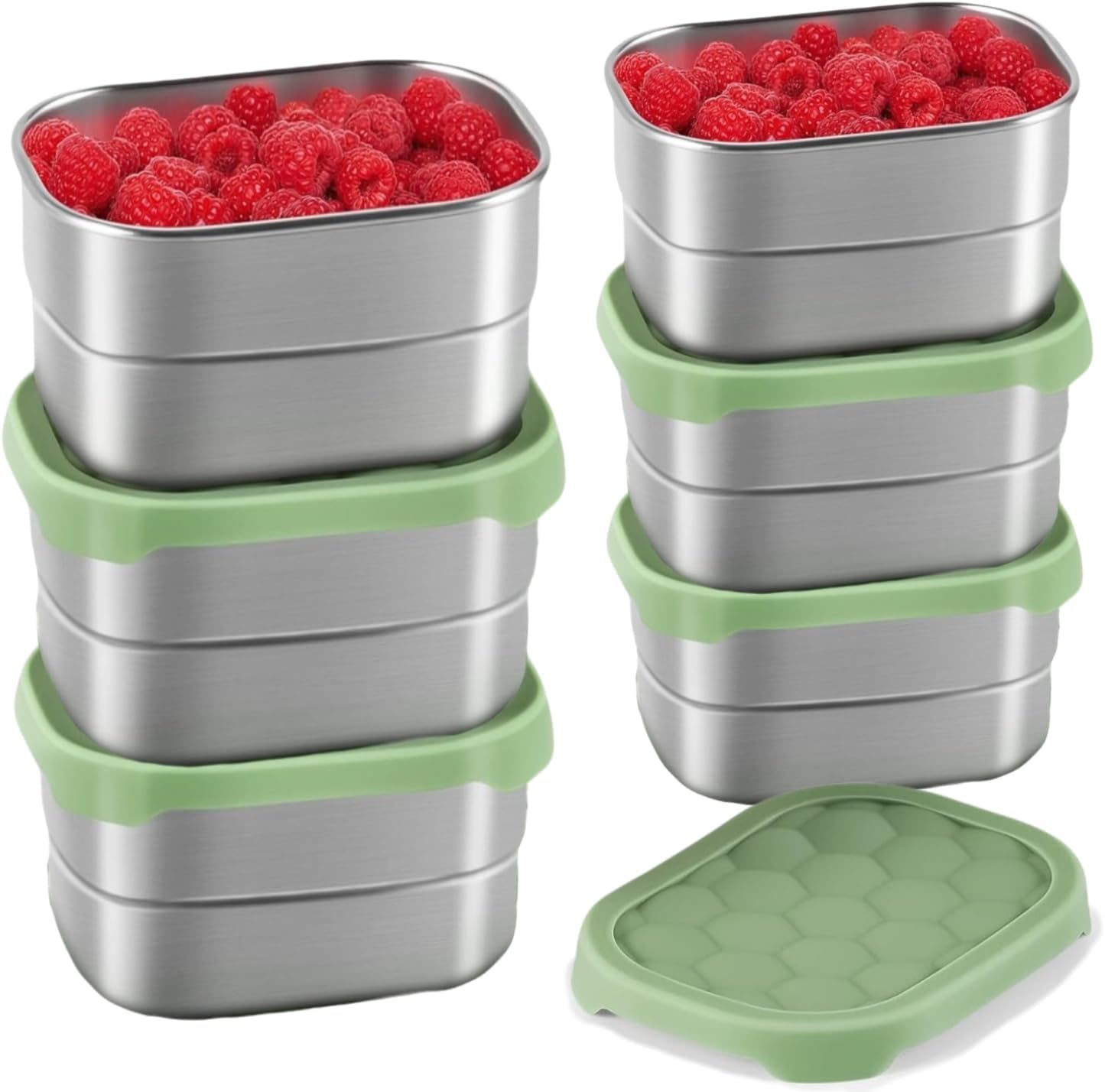 Stainless Steel Snack Container, 6Pcs 8Oz, for Kid Easy Open Leak Proof, Stackable Rectangle Food Storage Container with Silicone Lid, Portable Snack Box for School Office Travel Camping (Green-6Pcs)