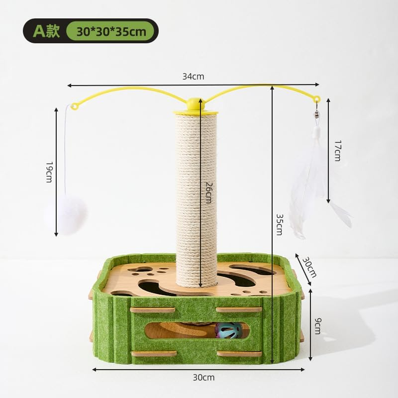 Cat Scratcher with Sisal Post and Interactive Maze Box &ndash; Rotating Teaser Wand, Wooden Base + Felt Material Puzzle Toy for Indoor Cats Play, Base Size 11.8"*11.8" (30 * 30Cm) Height 13.5" (35Cm) image number 4