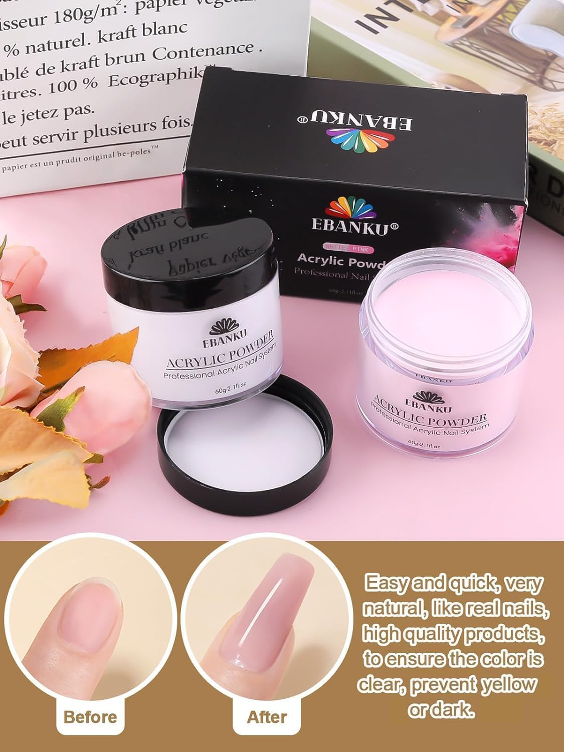 Kalolary Acrylic Nail Powder Set, 2 Colors Pink White Acrylic Powder Professional Nail Acrylic Powder for Nail Acrylic Extension, Nail Carving, Long-Lasting, No Nail Lamp Needed, 2.1 Oz image number 6