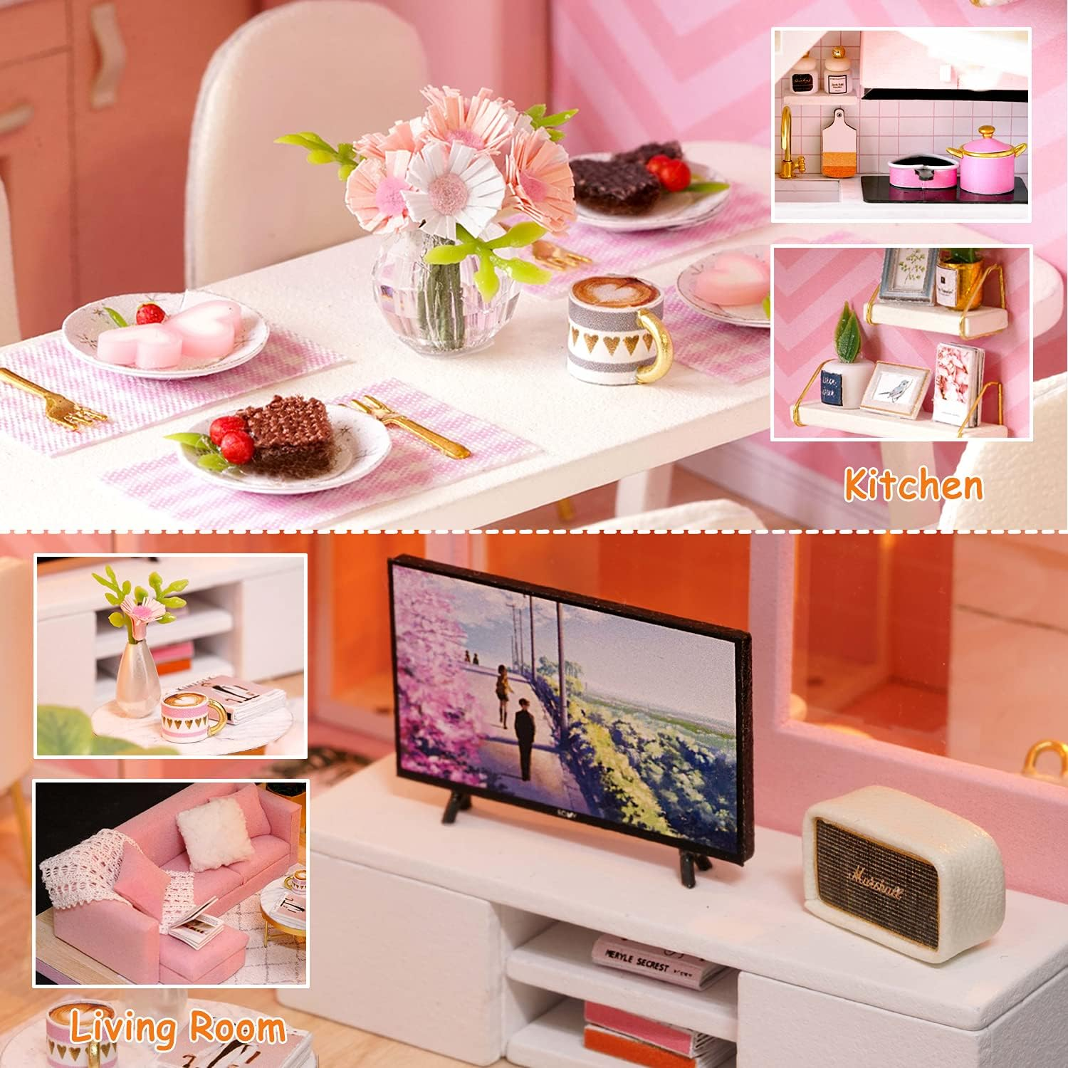 Tukiie DIY Miniature Dollhouse Kit with Furniture, 1:24 Scale Creative Room Mini Wooden Doll House Accessories plus Dust Proof & Music Movement for Kids Teens Adults(Dream Angels) image number 5