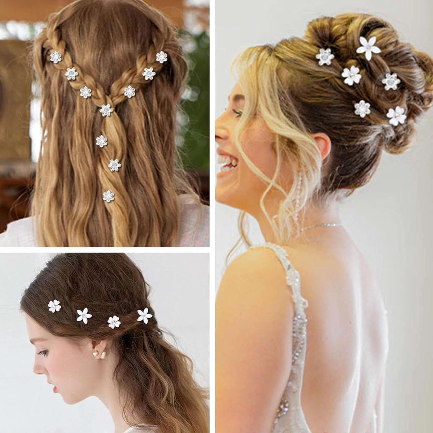 JOOTUEPO Pack of 20 White Small Flowers Hair Clips, Mini Cute Rhinestone Metal Hair Pins for Women, Small Decorative Wedding Hair Clips, Bridal Wedding Hair Accessories (4 Floral Patterns)