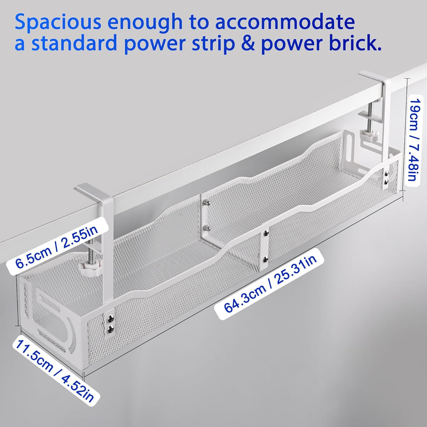 Under Desk Cable Management Box 25.3 Inch &ndash; No-Drill Cable Organizer Tray, Large Cord Management Box for Office & Home, Wire Organizer under Desk Storage, White image number 6