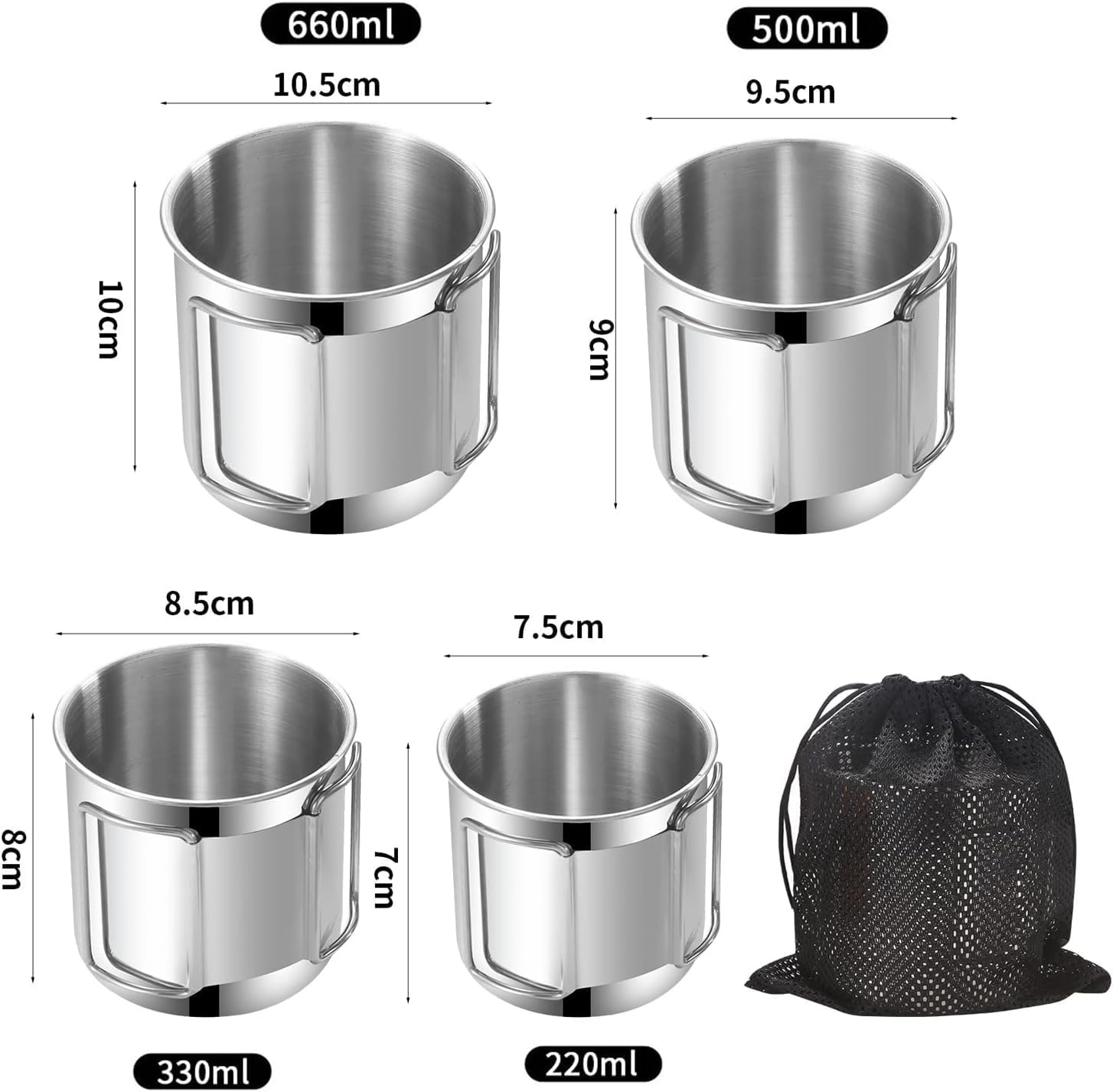 Pobowlgarls 4-Piece Outdoor Camping Mug Set, 304 Stainless Steel Mug Set with Foldable Handles for Camping, Hiking, Backpacking, Picnic image number 2