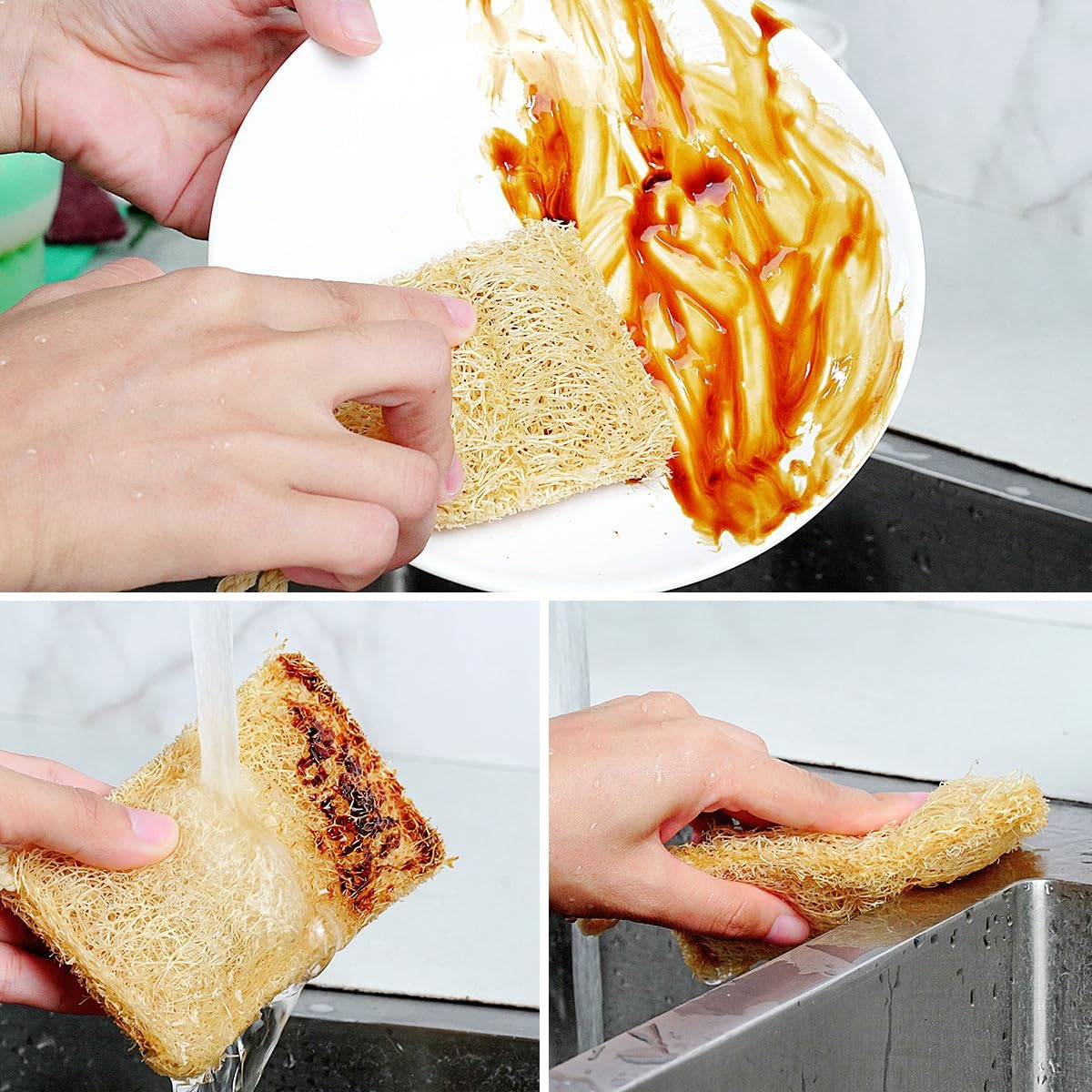 Natural Organic Loofah Sponge for Cookware, Kitchen, Bathtub and Body, Handmade Luffa Fiber, Biodegradable, Compostable & No Smell (Natural Beige*2, Rectangle) image number 2