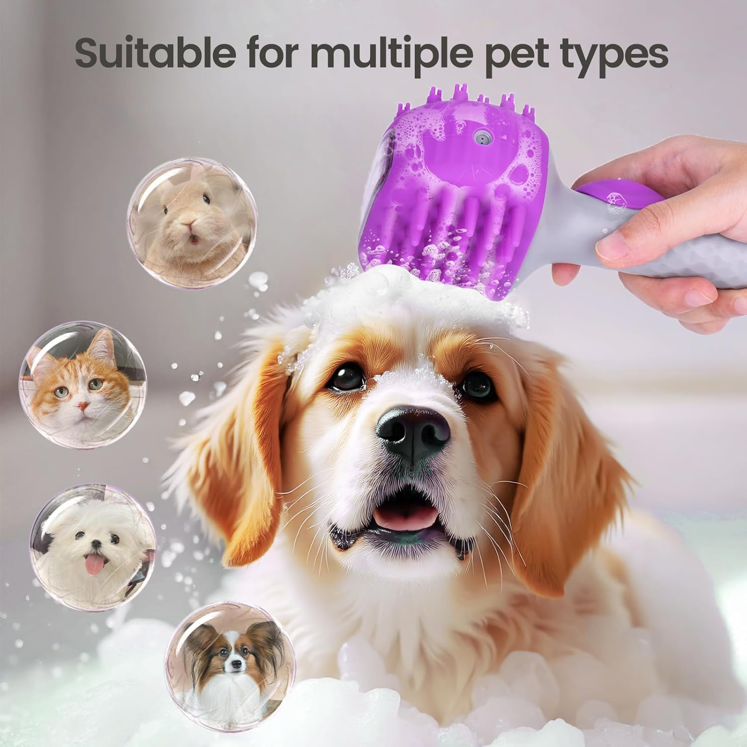 Dog Bath Brush | Dual-Side Dog Shampoo Brush | Dogs Scrubber for Bath | Dog Grooming Brush with Non-Slip Handle Dogs Washing Brush for Pets Deshedding, Massaging & Grooming (Purple, One Size) image number 3