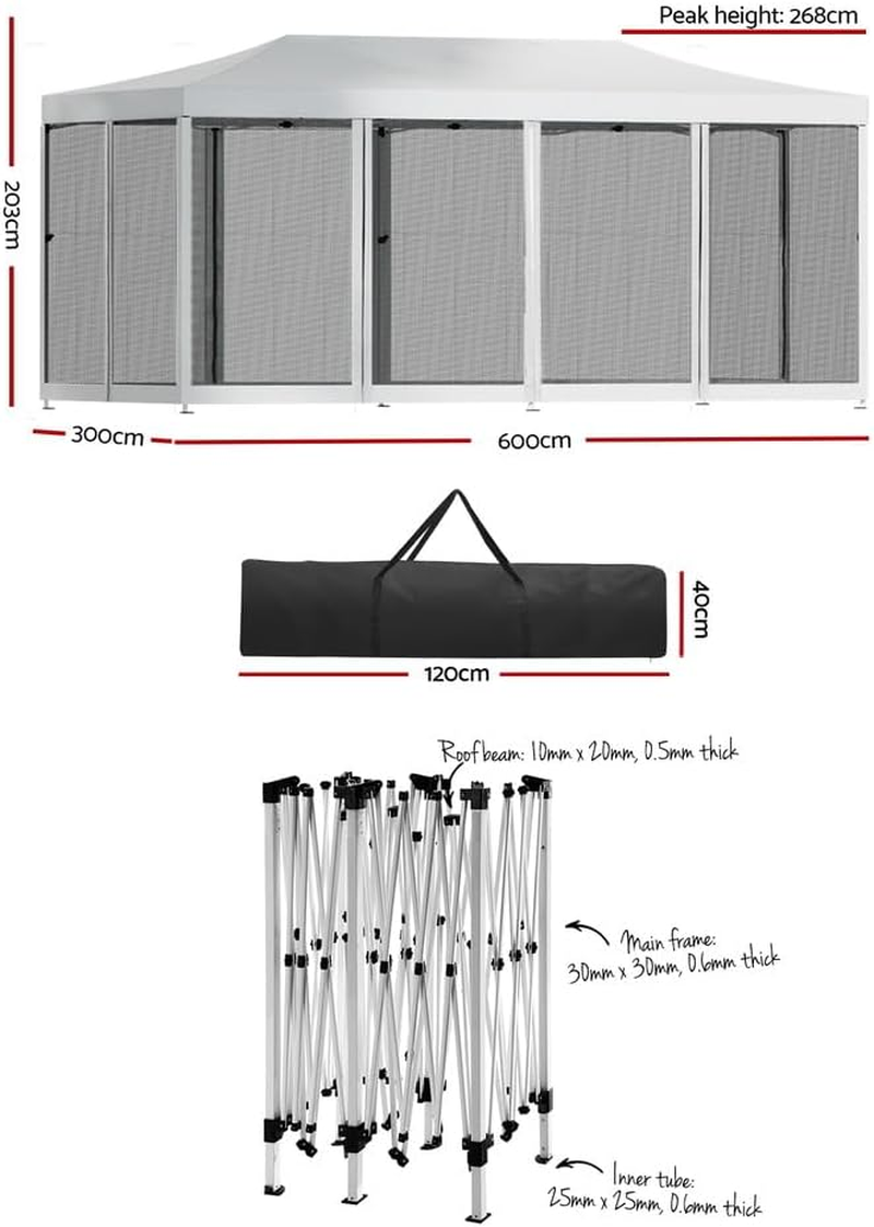 Instahut 3X6 Marquee Gazebo, Pop up Camping Tent Wedding Gazebos Garden Shed Outdoor Party Canopy Patio Carport Car, Mesh Window Wall 2 Door Panel Carry Bag Water Resistant and UV White image number 6