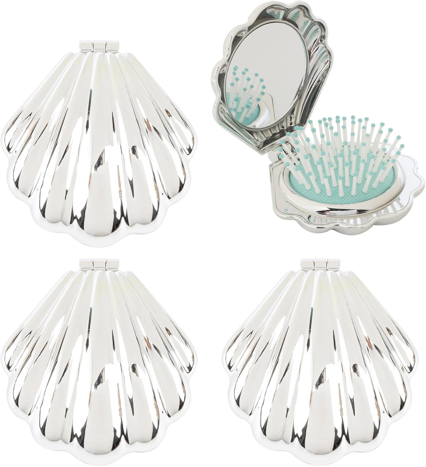 AUEAR, 4 Pack Shell Shape Hair Brushes with Mirror Foldable Portable Pocket Comb Massage Women Silver image number 2