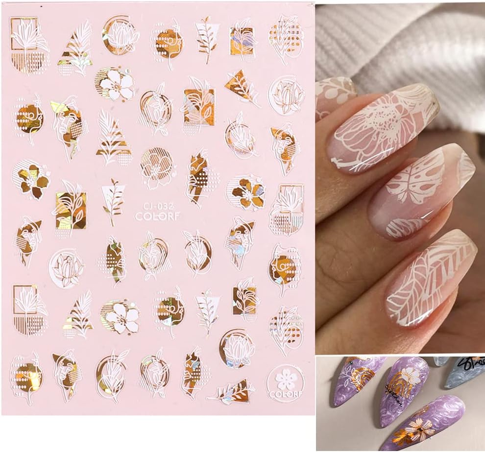 Flower Nail Stickers, 3D Metal Gold Spring Nail Decals Metallic Gold White Cherry Blossoms Leaves Bees Flowers Spring Nail Art Design DIY Nail Decoration for Women Kids(9 Sheets) image number 4