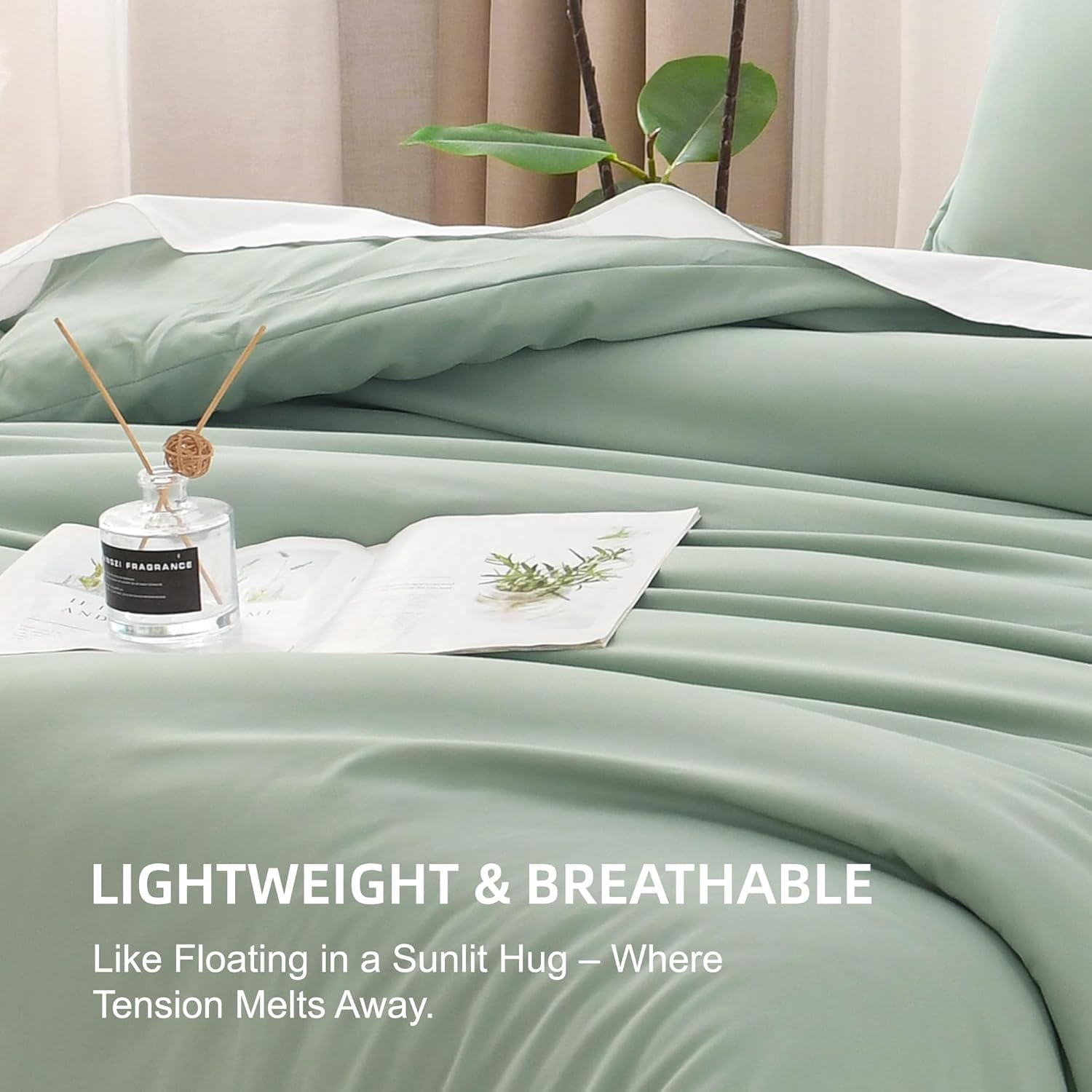 Litanika Oversized King Comforter Set 120X120, 3 Pieces Sage Green Super King Size Lightweight Solid Bedding Comforter Set, All Season Fluffy Bed Set image number 3