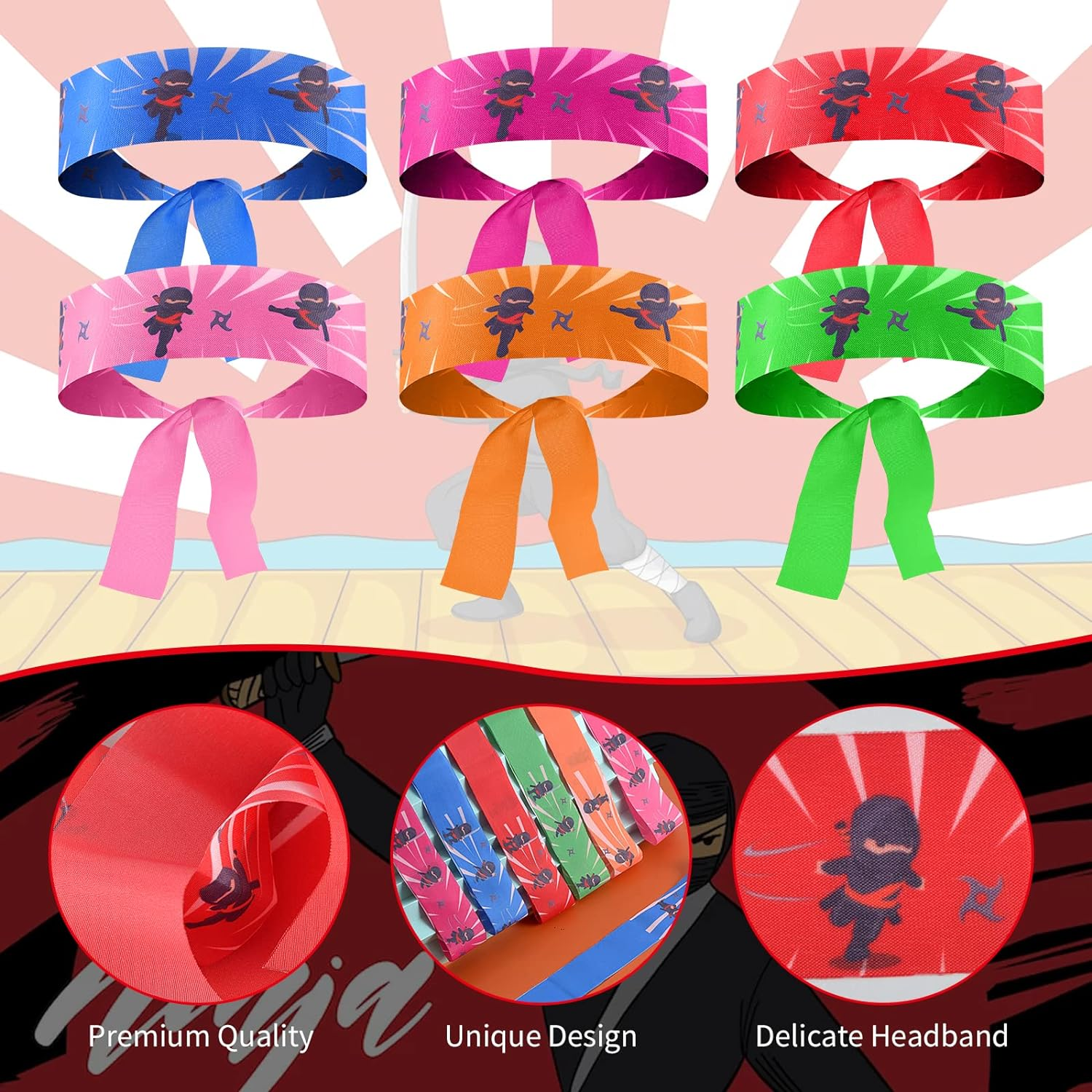 DOSTATNI 24 Pieces Ninja Headbands Karate Headband Red Ninja Warrior Headbands Ninja Party Favors for Ninja Party Decorations Ninja Birthday Theme Party Supplies Rainbow image number 4