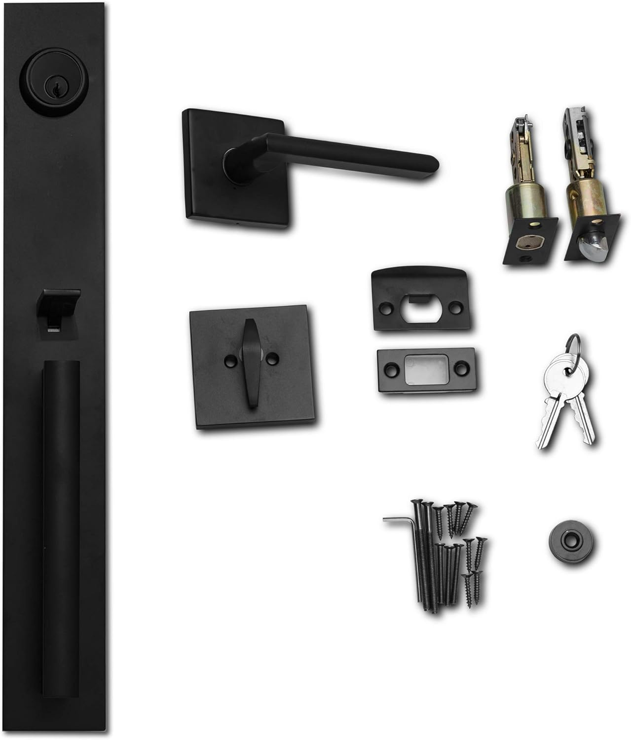 Berlin Modisch Full Escutcheon Handleset Front Door Entry Handle and Deadbolt Lock Set Slim Square Single Cylinder Deadbolt and Lever Heavy Duty &ndash; Iron Black Finish
