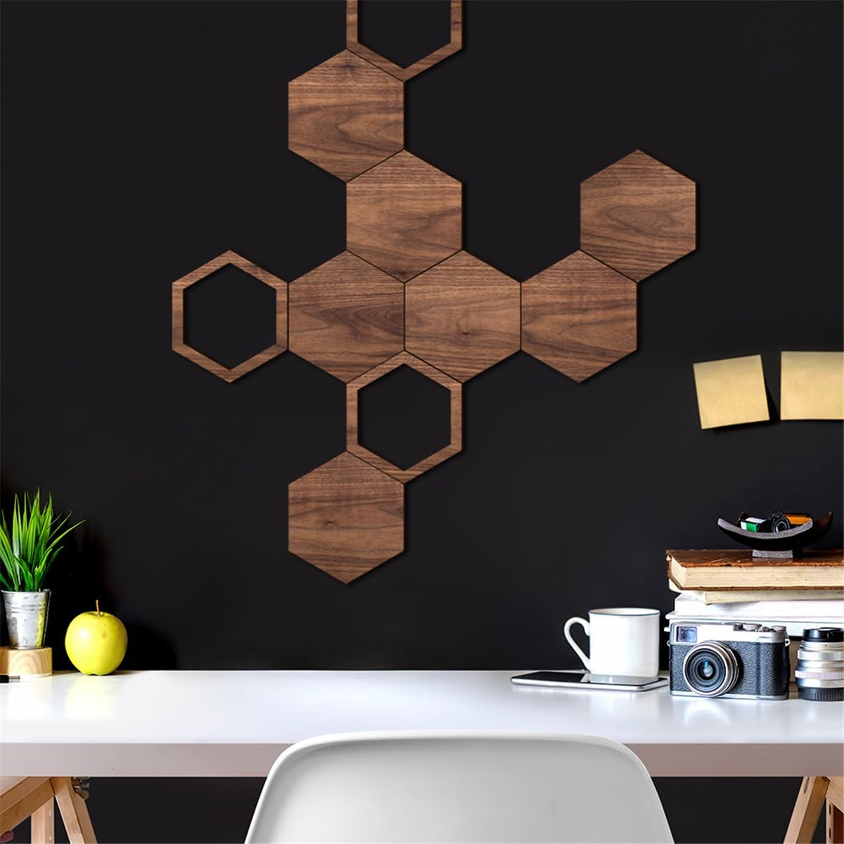 Wooden Hexagon Wall Decor - 10 Pcs Creative Wood Wall Panels, Self Adhesive Hexagon Wall Decals for Living Room, TV Background, Bedroom, DIY Home Decoration image number 1