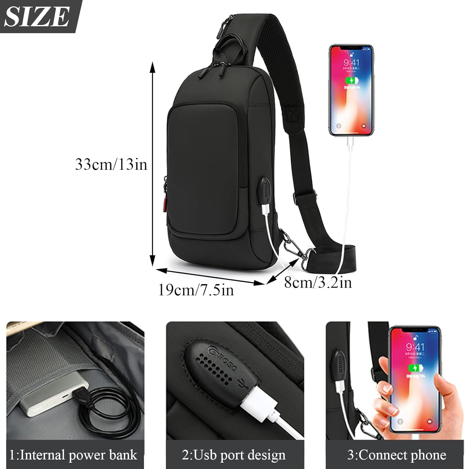 Qiccijoo Sling Bag Crossbody Backpack for Men Women Small Sling Backpack Travel Hiking Backpack with USB Charger Port anti Theft Shoulder Bag Multipurpose Chest Bag(Black) image number 4