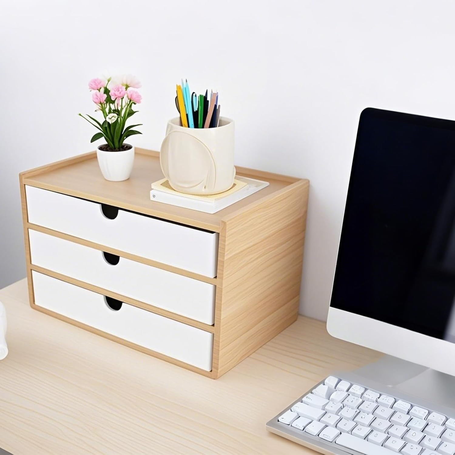 Office Desk Organizer with Drawers - Bamboo Desktop Organizer Storage,White Desk Drawers Organizer Desk Accessories No Assembly Required image number 2