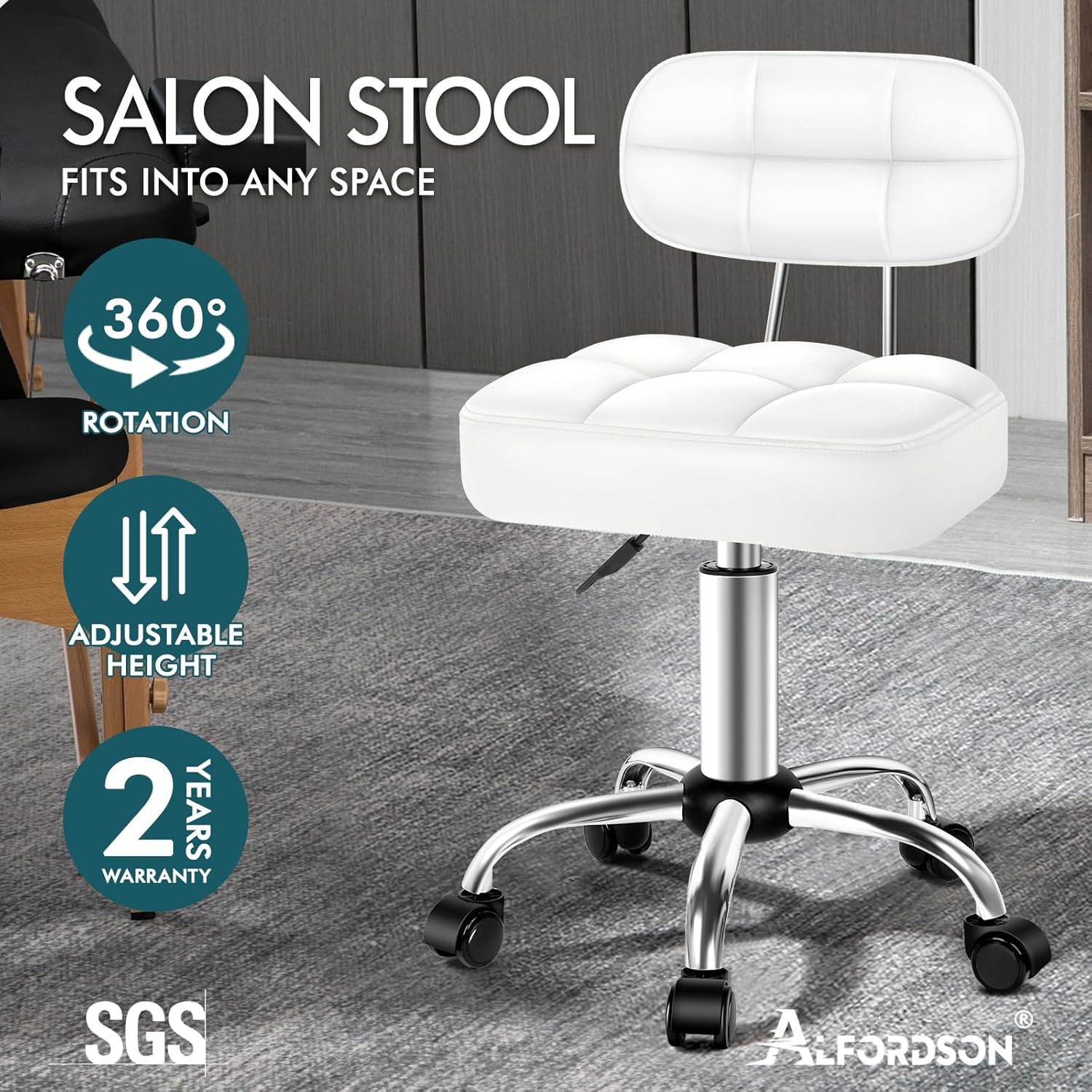 ALFORDSON PU Leather Salon Stool with Backrest Tufan Series, Office Drafting Rolling Stools in 49-64.5Cm Adjustable Height, Swivel Spa Chair with Rolling Wheels for Massage Table, White image number 4