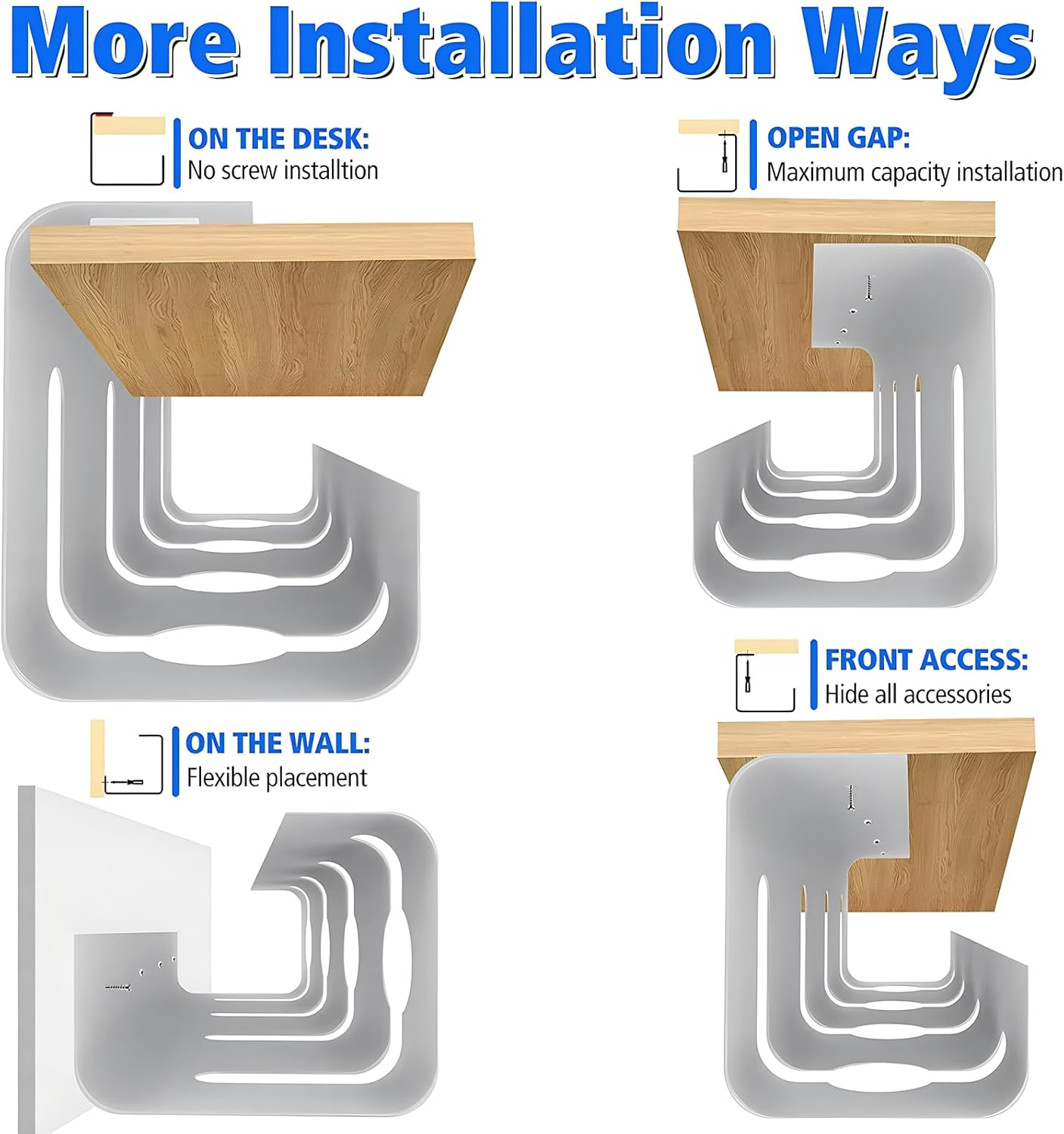 AIMANWEI 2 Pack under Desk Cable Management Tray, Self-Adhesive & Screw-In Installation, White, 40Cm L X 11Cm W X 12Cm H, Wire Management Rack for Home Office Standing Desk image number 5