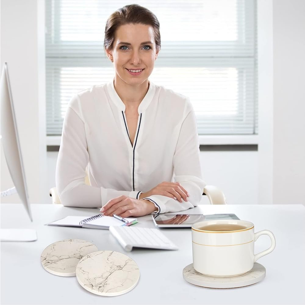 ATDORO Set of 6 Coasters for Drinks, Marble-Style Absorbent Coasters with Holder, Housewarming Gift Home Decor, Suitable for Kinds of Cups (White) - Blue image number 5