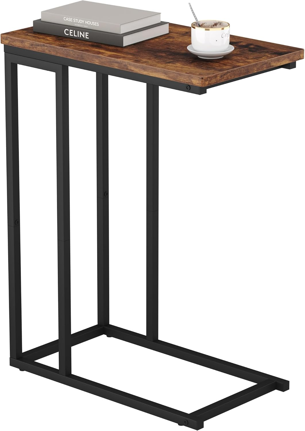 HOMEFORT Narrow C Shaped End Table - Space-Saving Side Table for Living Room, Bedroom, Sofa Small Spaces, Rustic Brown