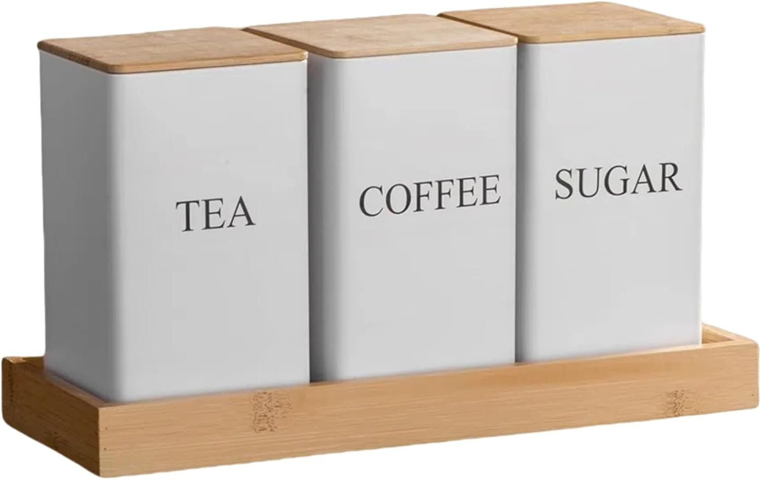 Alerrawia 4 Pcs Tea Coffee Sugar Canister 1000 Ml Metal Coffee Tea Sugar Container with Airtight Bamboo Lid and Name Marker Food Storage Containers Jars for Coffee Sugar Tea White Container image number 1