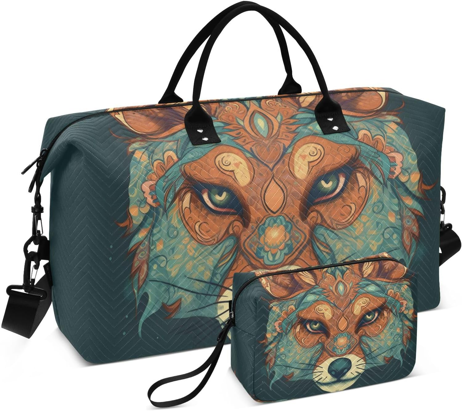 XYMZR Large Travel Duffel Bag, Boho Fox Face Sports Tote Gym Bag, Shoulder Weekender Overnight Bag for Women Men, Carry on Luggage with Toiletry Bags, Multi-Colored, Multi-Colored image number 4
