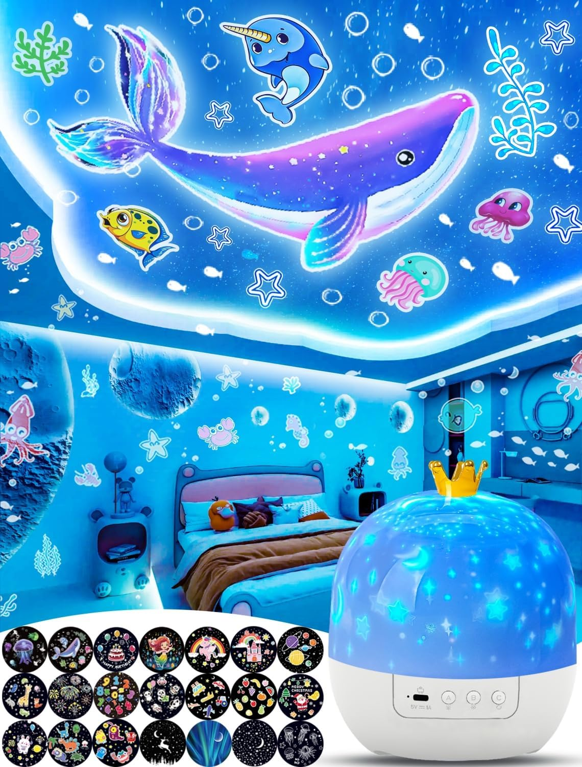 Projector Night Light for Kids + 21 Sets of Films, Kids Night Light Projector for Bedroom, Ceiling, Galaxy Projector for Girls with 360&deg; Rotation, Dimmable for Birthday, Christmas, Nursery, Room Decor image number 3