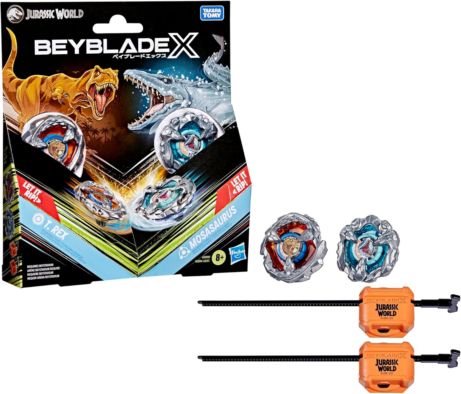 Beyblade X Jurassic World X Beyblade Collab T. Rex Vs. Mosasaurus Set, 2 Takara Tomy Tops, 2 Launchers, Battling Top Game, Dinosaur Toys, Ages 8+ image number 2