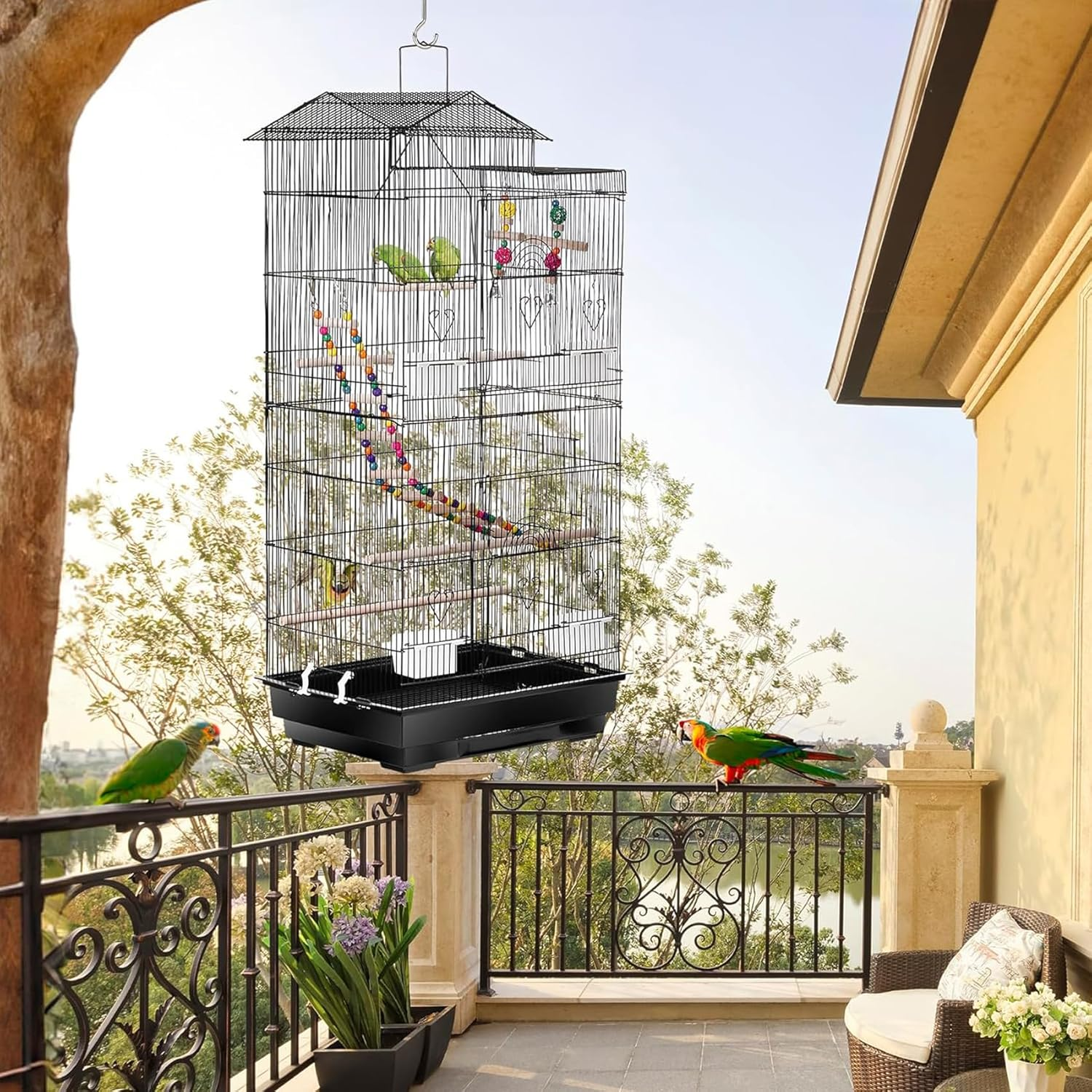 Metal Bird Cage, Large Flight Bird Cages for Conure Parakeet, Quaker Parrot, Cockatiel, Lovebird, Pigeon with Roof Top, Black 45 * 35 * 100Cm image number 2
