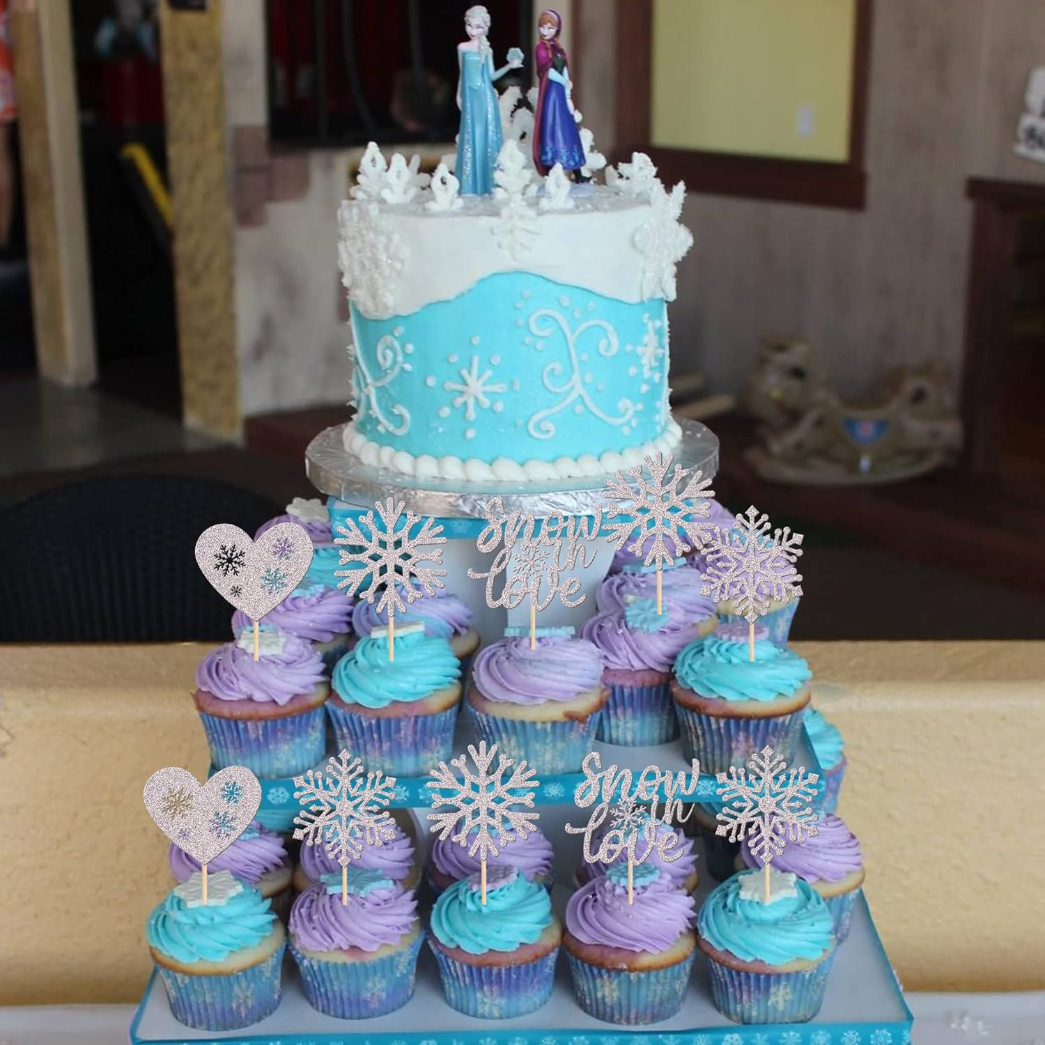 24 Pack Snow in Love Cupcake Toppers Glitter Snowflake Heart Valentine'S Day Theme Cupcake Picks for Bridal Shower Kids Birthday Christmas Party Decorations Supplies Silver