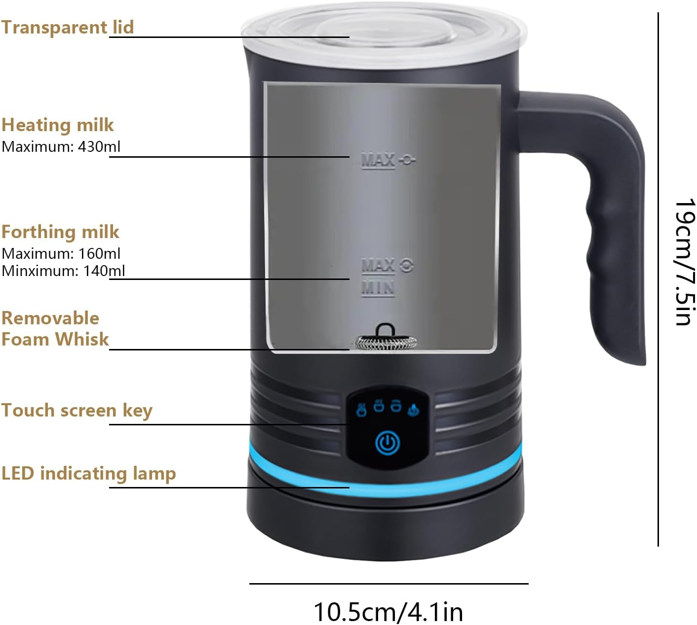 Milk Frother, 4-In-1 Milk Frother and Milk Steamer, 430Ml/14.5Oz Electric Hot & Cold Foam Maker, with Touch Screen, Perfect for Coffee,Latte, Cappuccino, Macchiato, Hot Chocolate image number 4