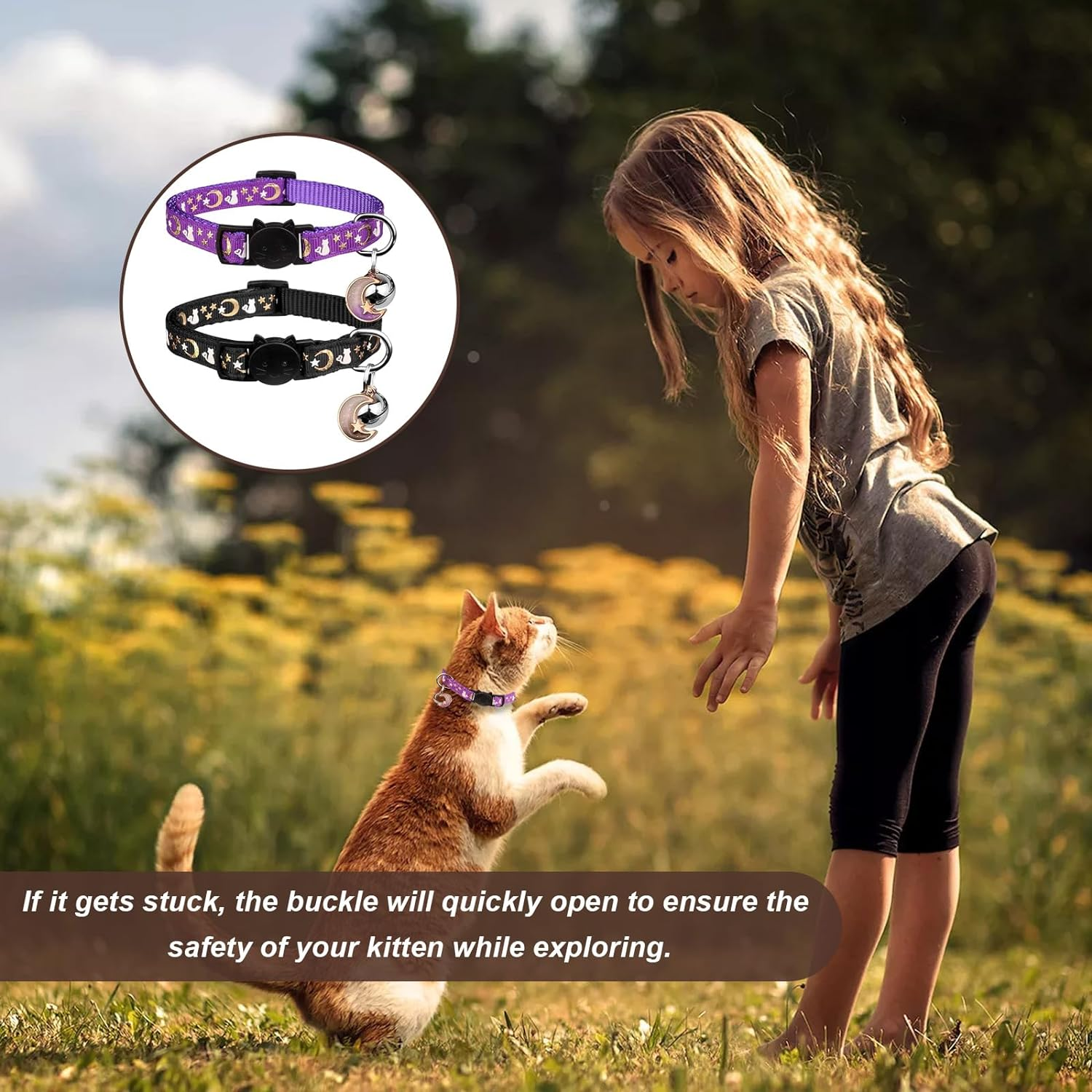 2Pcs Breakaway Cat Collar,Cat Collar with Bell,Cat Collar Airtag,Kitten Collar,Cat Collars,Moons Stars Cute Kitty Adjustable Safe Kitten Collars with Pendant Glow in the Dark(Black&Purple) image number 3
