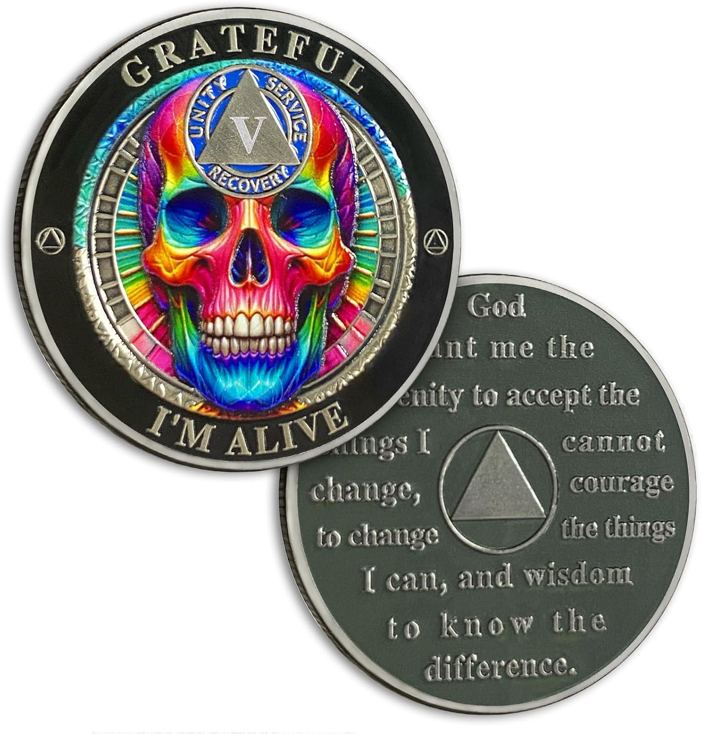 Rainbow Skull 5 Year Sobriety Coin Grateful I'M Alive Five Years Sober Chip - AA Chips and Medallion - AA Coin with Serenity Prayer Sobriety Gifts for Men Women image number 4