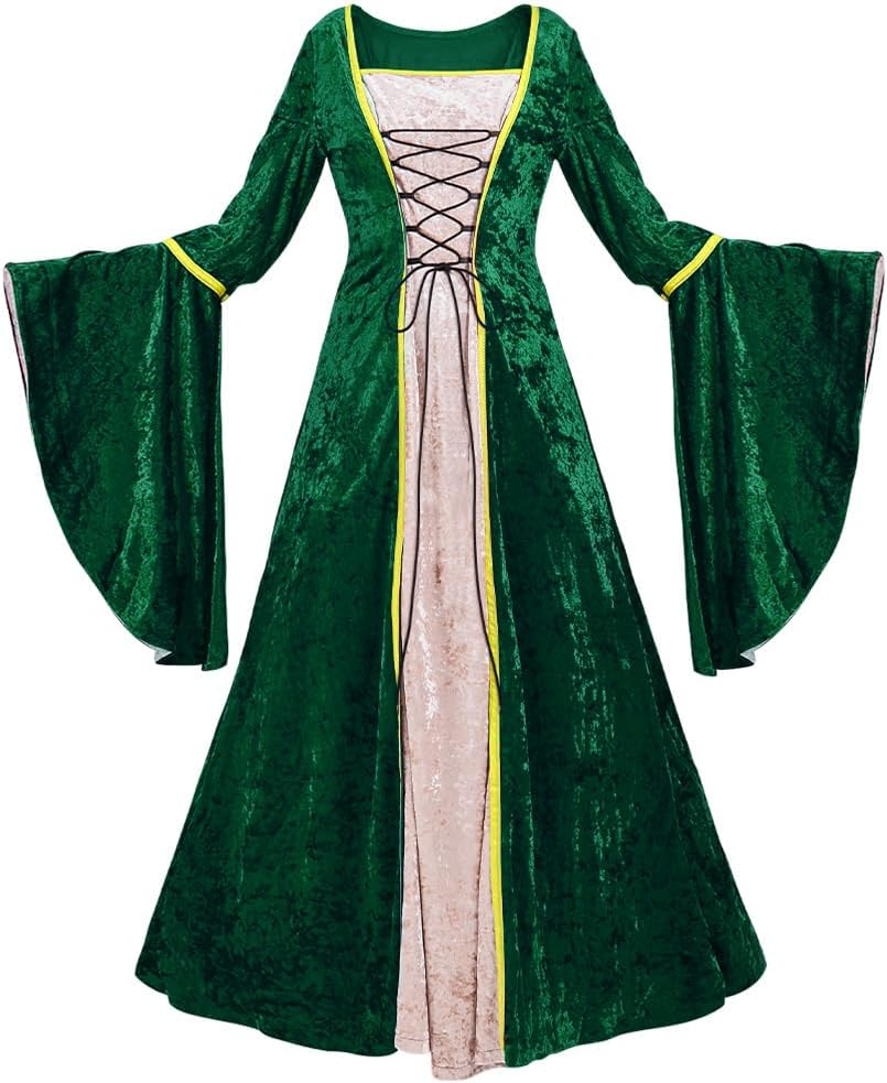 AUTOWT Medieval Gothic Renaissance Gown Dress Costume, Velvet Witch Wench Irish Victorian Trumpet Sleeve Costumes for Women Adult Halloween Cosplay Dress up Party