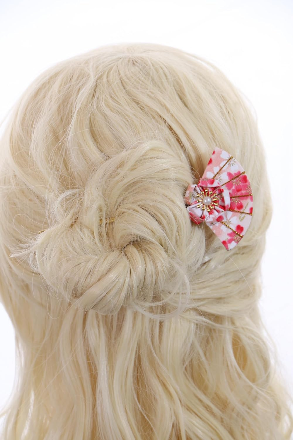 C-121-3 Pink White Hair Pin Fan Shape Pin Hairpin Fabric Flower Sakura Japan Geisha Kimono Accessory image number 2