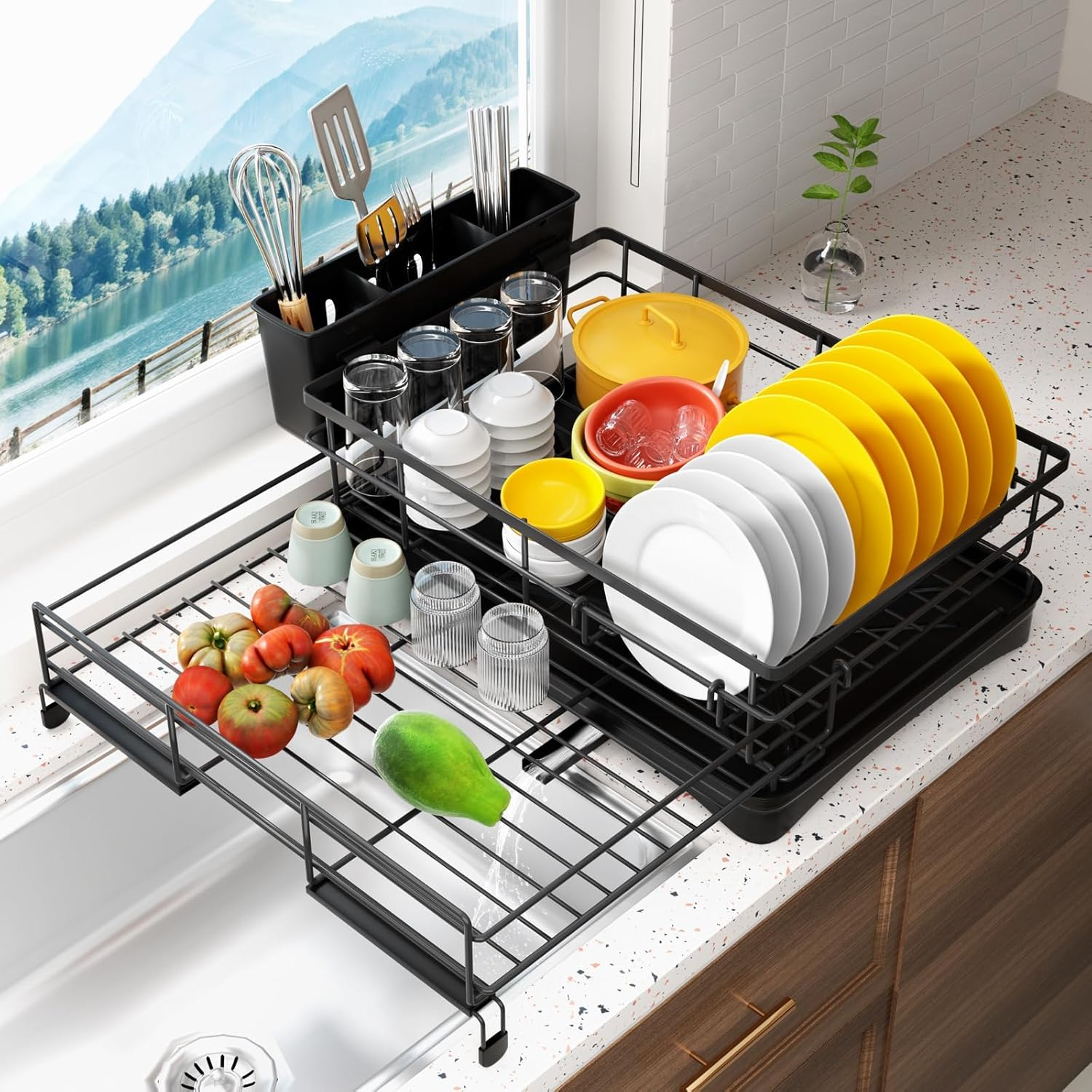 Koreal Dish Drying Rack, Extendable Dish Racks for Kitchen Counter, Stainless Steel Kitchen Drying Rack with Cutlery Holder, Movable Black Dish Drainer with Drainboard & Drainage Spout image number 5