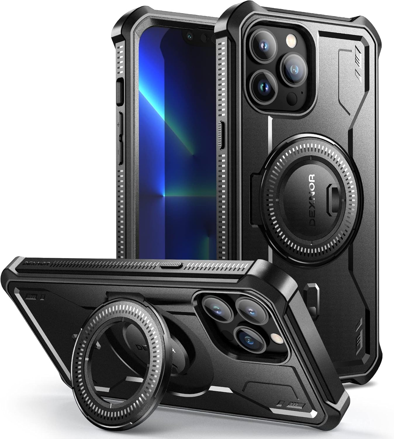 Dexnor for Apple Iphone 13 Pro Max Case, [Built in Screen Protector and Kickstand] Heavy Duty Military Grade Protection Shockproof Protective Cover for Apple Iphone 13 Pro Max - Dark Black