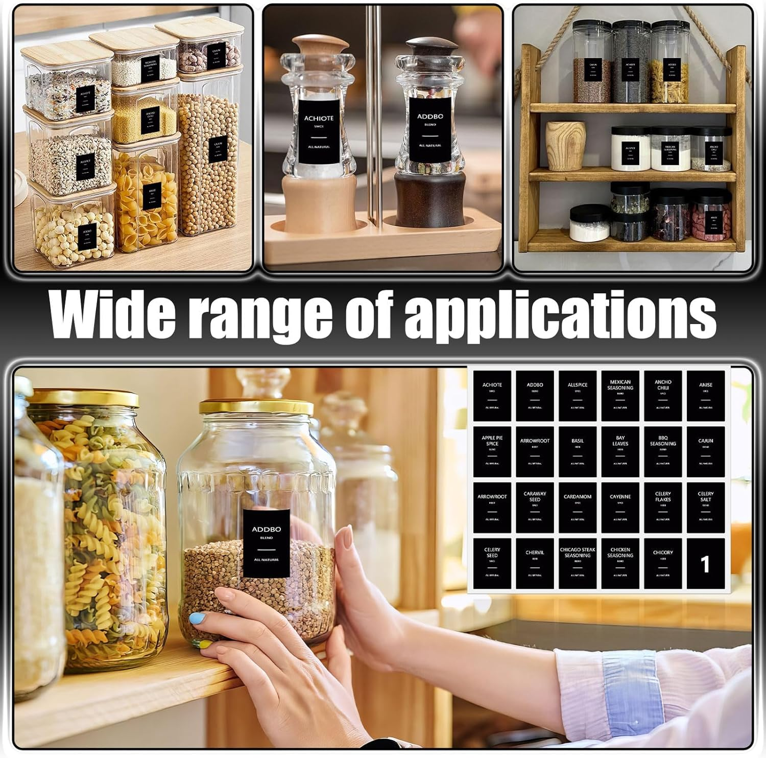 Spice Jar Labels, 192 Pcs Kitchen Jar Stickers, Seasoning Labels for round or Rectangular Jars 36 * 50Mm (Black) image number 5