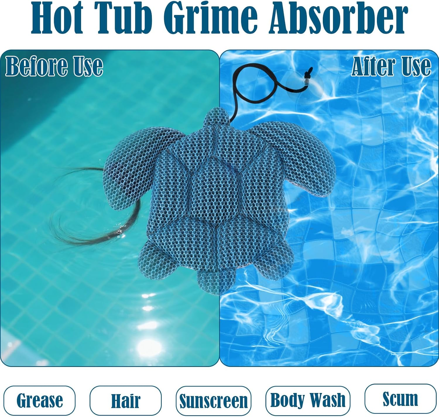 2Pcs Hot Tub Scum Absorbers, Sea Turtles Reusable Pool Sponge Scum Absorbers for Adults Kids Easy to Clean Hot Tub Spa Oil Absorber Accessories for Clear Water (Blue, Gray) image number 1