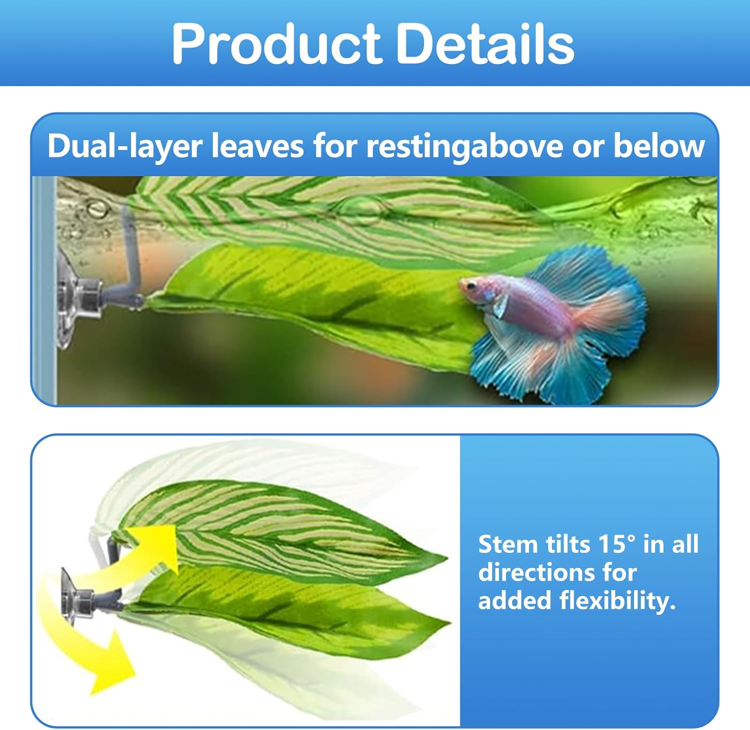 5-Piece Betta Fish Tank Accessories Set: Non-Tear Soft Aquarium Plants, Acrylic Hideout Tube Tunnel & Leaf Hammock for Stress-Free Environment &ndash; Safe Decorations with Spare Suction Cups image number 2