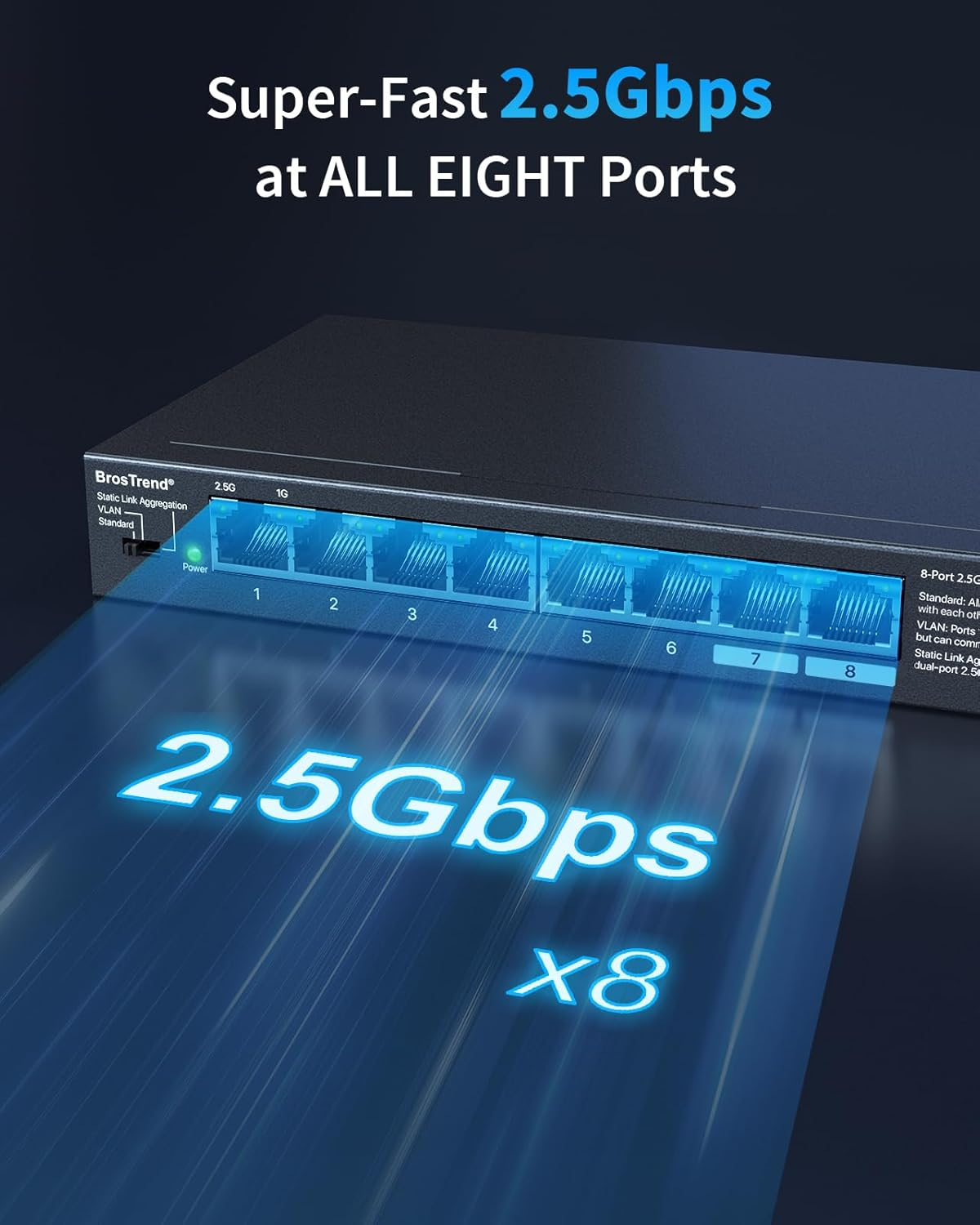 Brostrend 8-Port 2.5Gb Ethernet Switch, Unmanaged Multi-Gigabit Network Switch Supports Static Link Aggregation & VLAN for Gaming, NAS, PC, Network Splitter Plug & Play, Fanless, Lifetime Protection image number 2