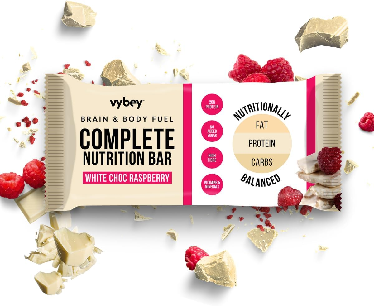 Vybey Complete Nutrition Meal Bars &ndash; 12 X 80G | 20G Protein | High Fibre | Essential Vitamins & Minerals | No Artificial Ingredients | Vegan & Gut-Friendly | White Choc Raspberry