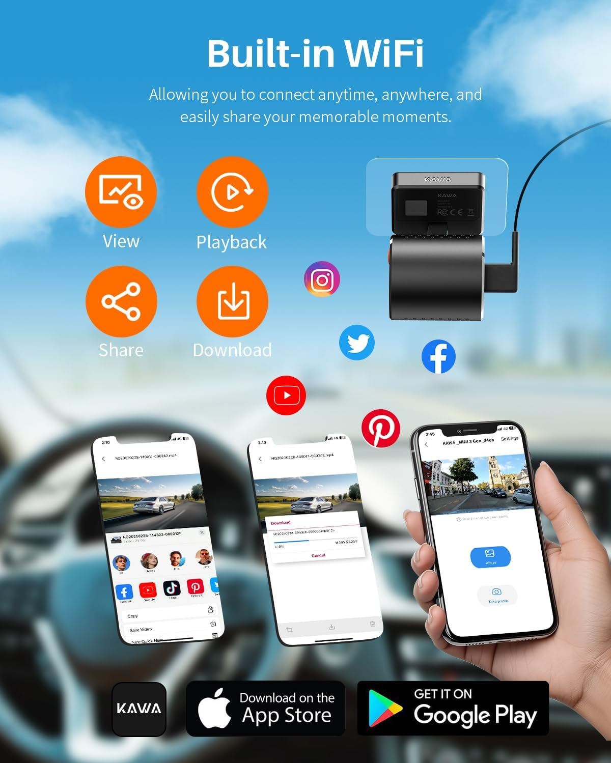 KAWA 2K Tiny Dash Cam, 1296P QHD Mini Car Camera Dashcam - Voice Control, G -Sensor, Free 32GB TF Card, Built-In Wifi, APP Control, WDR/3D DNR with Super Night Vision, 24H Parking Mode image number 1