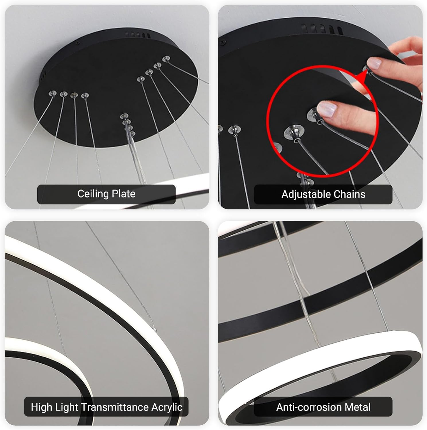 USOR Modern LED Chandelier, Dimmable Pendant Light with Remote Control Rings round Ceiling Lighting Fixture 3 Color Temperatures Contemporary Black Chandeliers for Bedroom Living Dining Room Kitchen image number 3