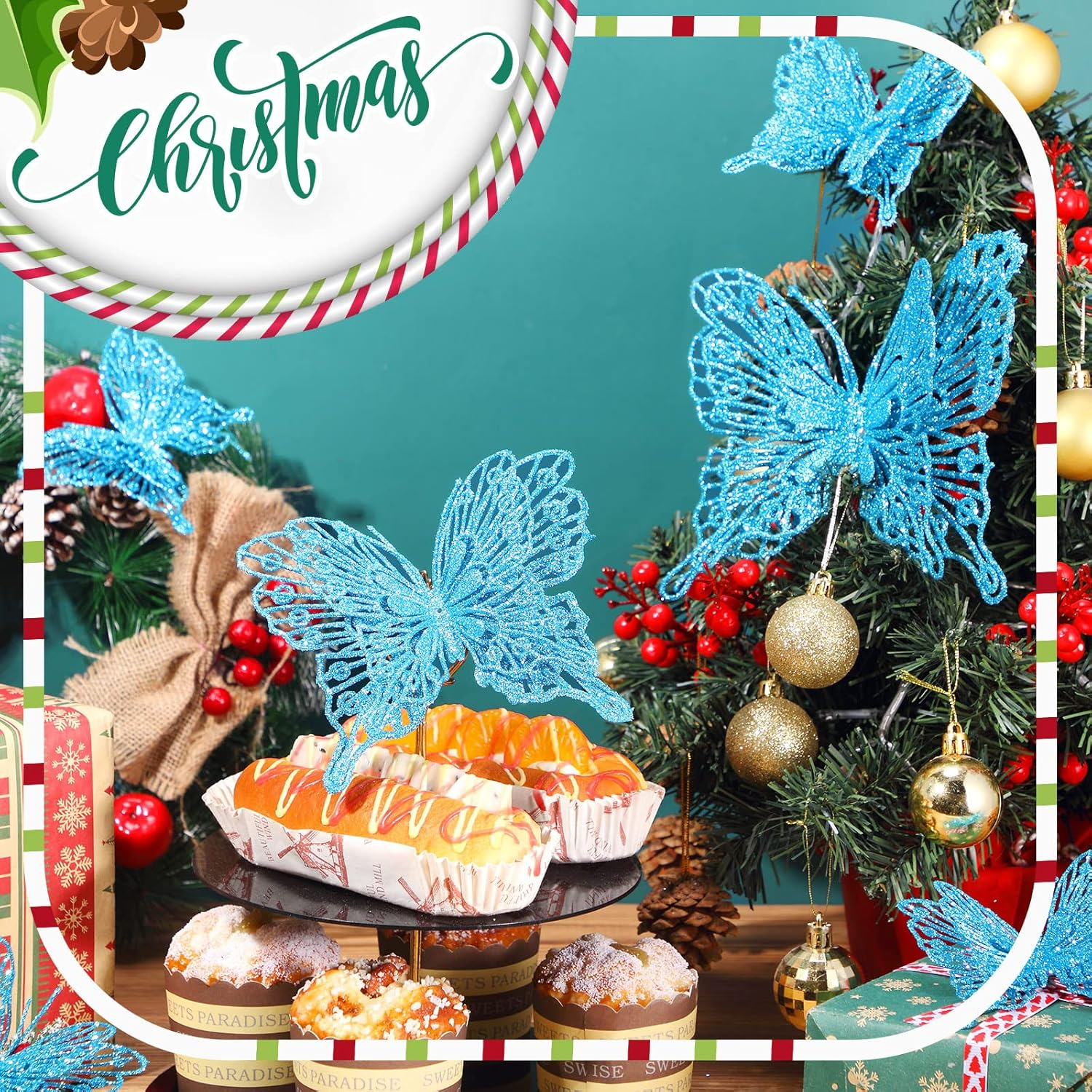 Charniol 36 Pcs 3 Size Christmas Tree Butterfly Decorations Glitter Hollow Butterfly Ornaments Hanging Decorations with Clips for Holiday Crafts Christmas Tree (Blue) image number 2