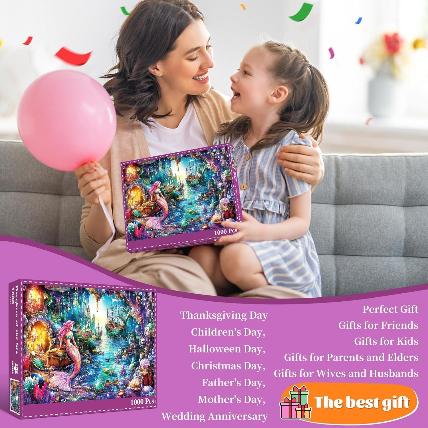 Jigsaw Puzzles for Adults 1000 Pieces, Interlock Perfectly Letter on Back No Dust, Home Decor Birthday Gift Toy for Men Women Elders Seniors, 1:1 Poster - Mermaid under the Sea