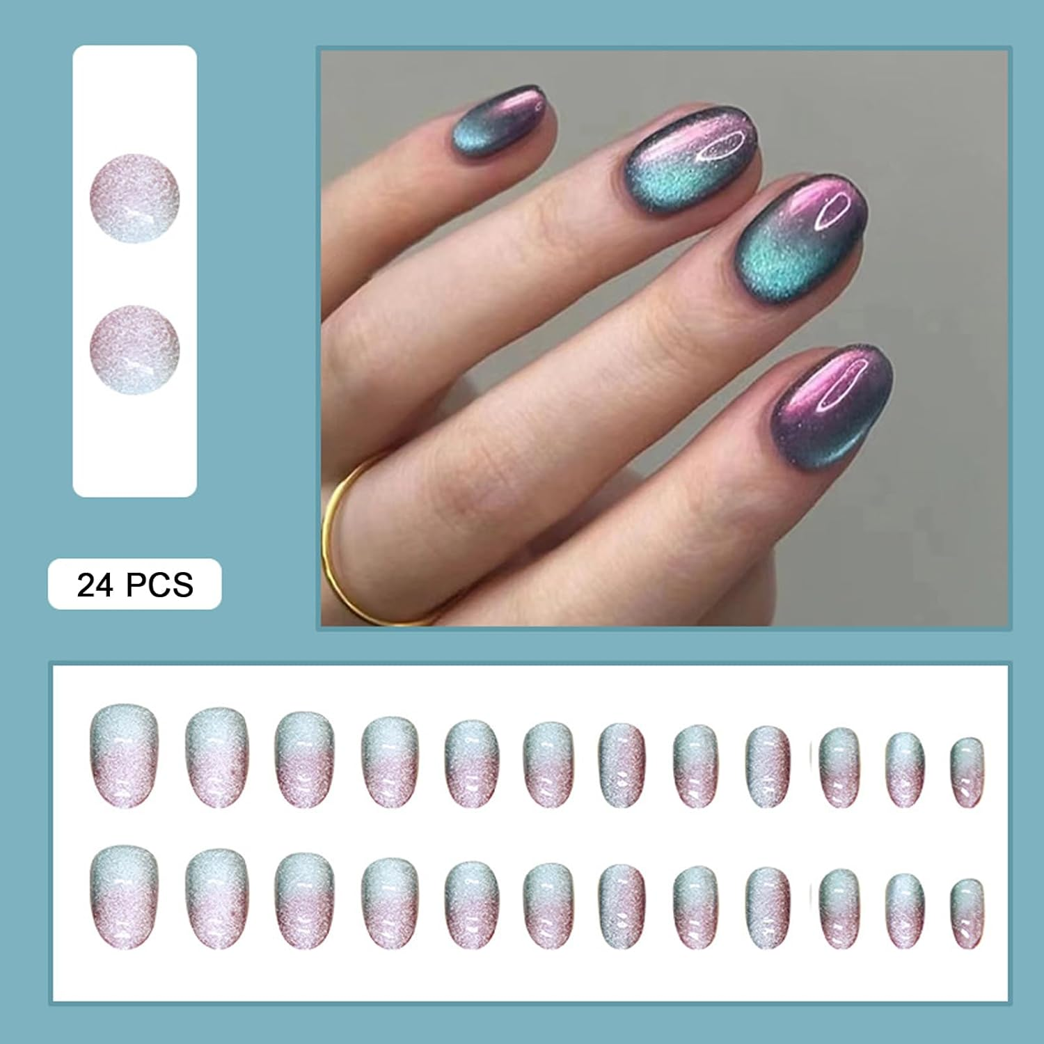 24 PCS Press on Nails Gradient Color Fake Nails Cat Eye Fake Nails Short Fake Nails Gifts for Women and Girls (No.141) image number 6