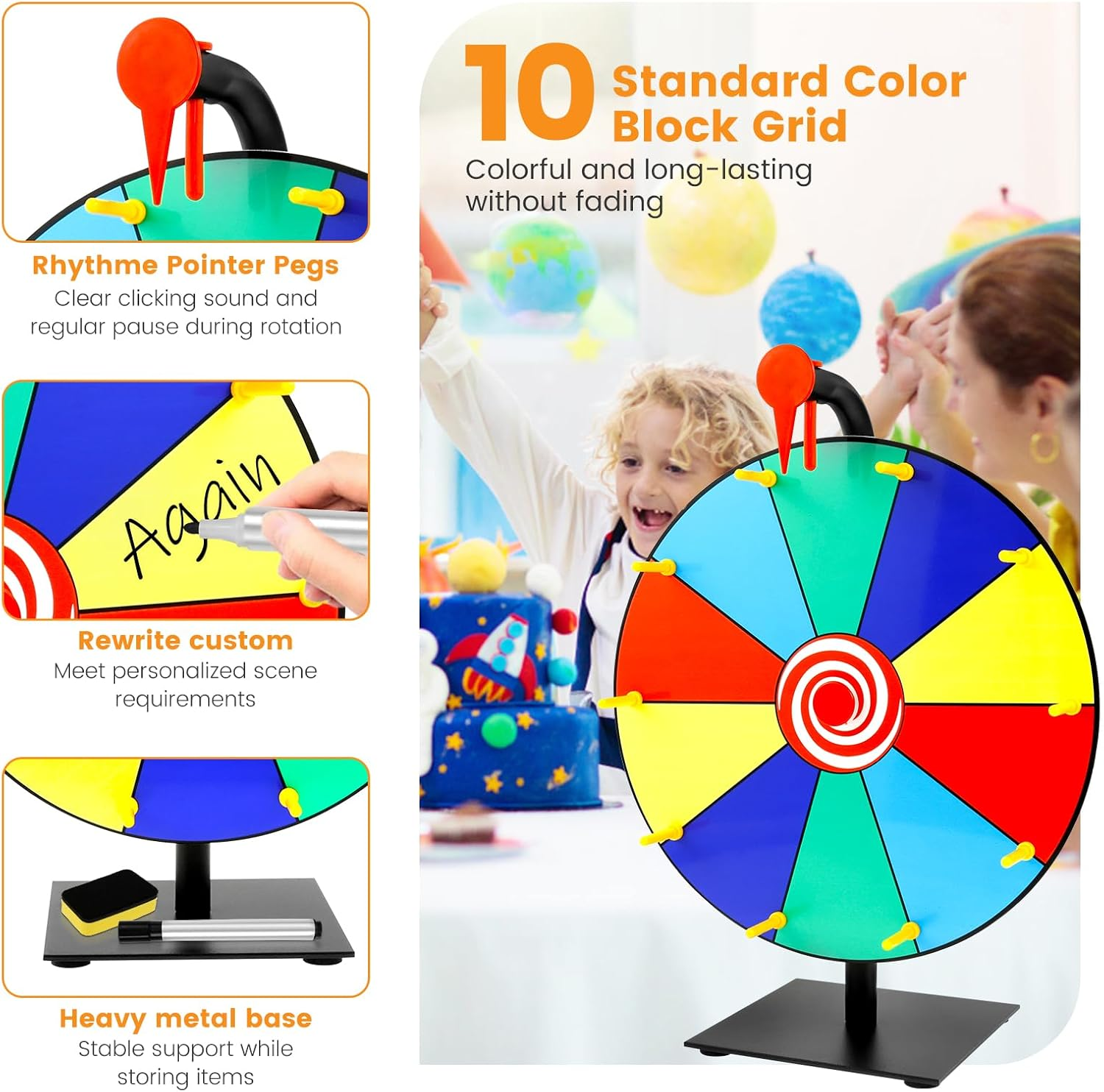 11.8Inch Spinning Prize Wheel Tabletop 15/10 Slots Color Roulette Spinner DIY Interactive Spin Wheel with Eraser and Pen Erasable Tabletop Roulette Spinner for Home Trade Show Party (10 Slots) - 10 Slots image number 6