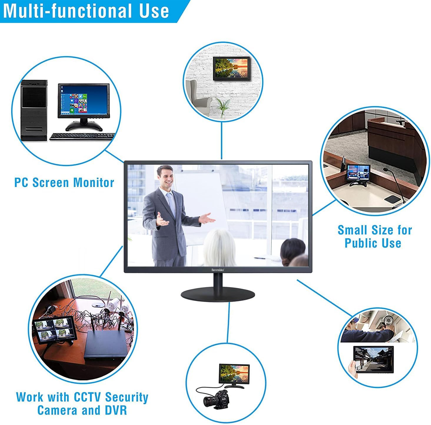 22 Inch Monitoring Security Camera Monitor LCD Display Screen Multi-Function Interface HDMI, BNC, VGA, AV, USB, CCTV Computer Monitor Built-In Speaker 1920X1080 Full HD