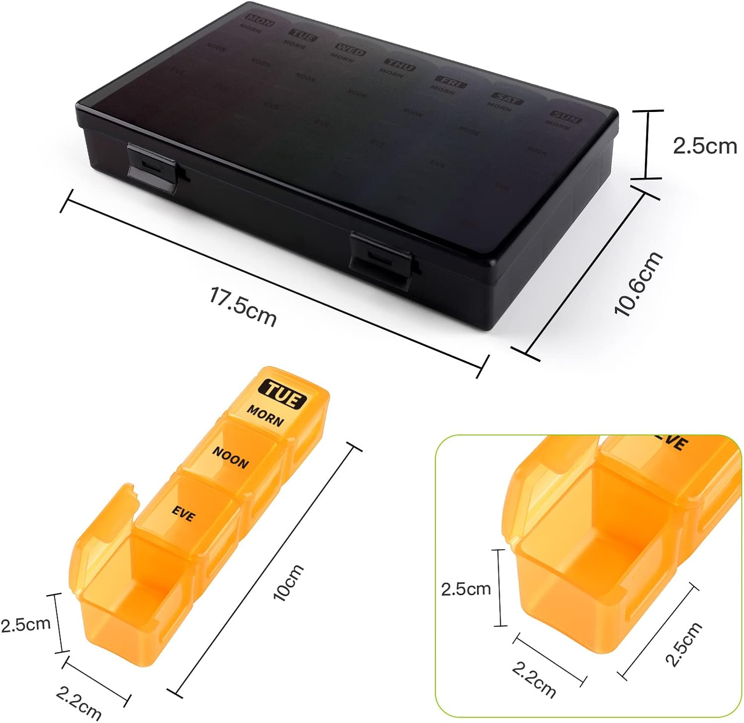 Opret Pill Organiser Box 7 Day, Weekly Travel Medication Organiser 4 Times a Day, with 28 Large Compartment for Fish Oil Vitamins Tablets and Supplements - Black-Coloured - Black-Coloured image number 6